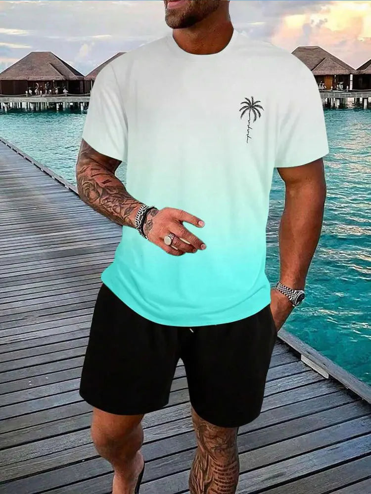 Conjunto de 2 piezas de verano vibrante para hombre, camiseta elegante e informal para hombre, pantalones cortos de playa para exteriores, estampado , cuello redondo y mangas cortas.