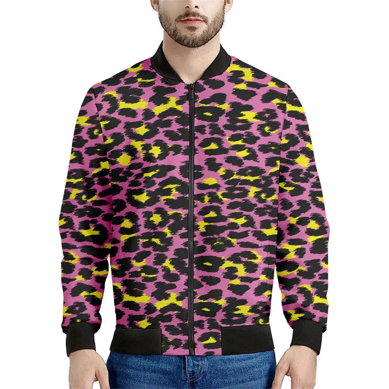 Chaqueta con cremallera y patrón de leopardo para hombre, sudadera de manga larga con estampadode personalidad, ropa de calle suelta informal, abrigo de moda