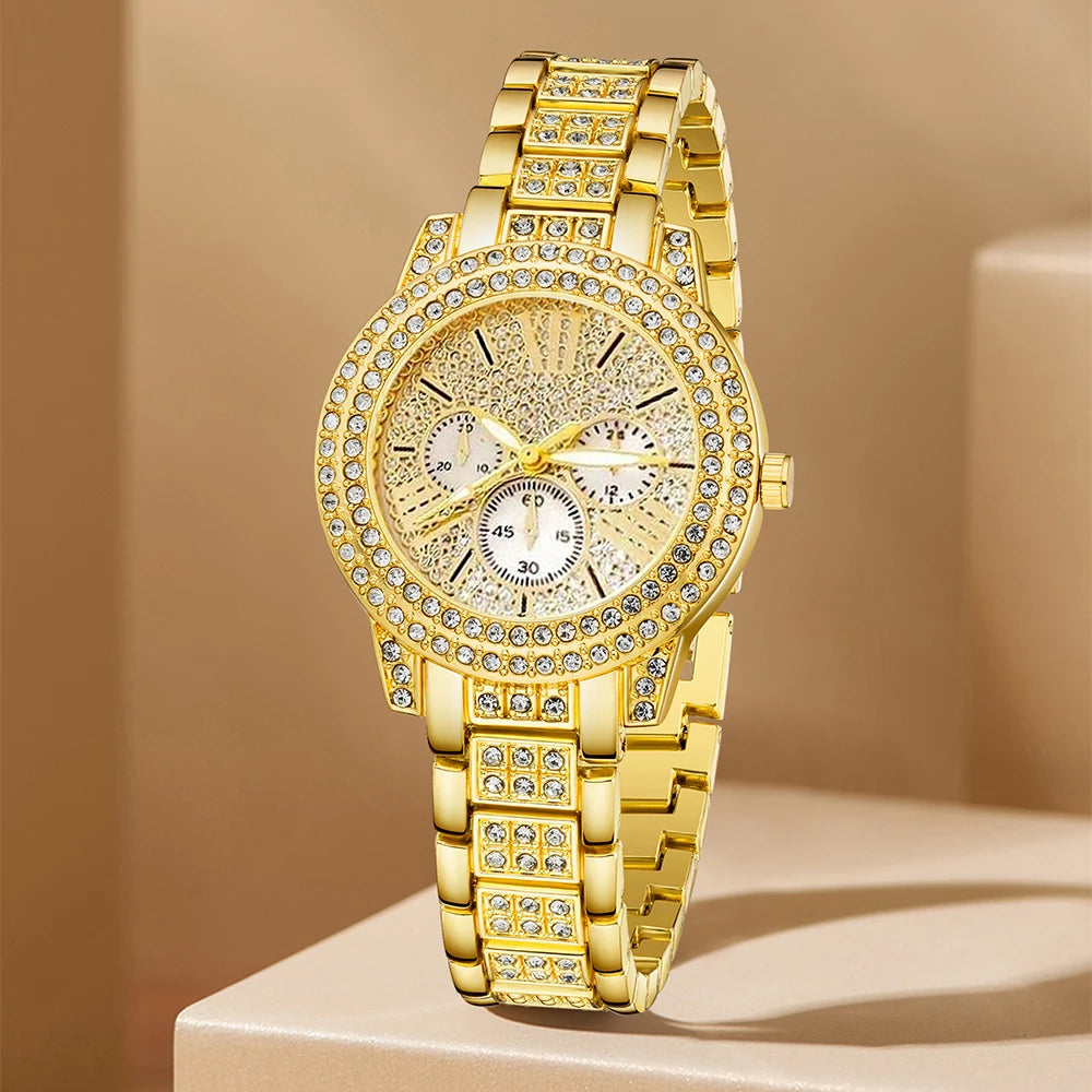 Reloj de cuarzo de lujo para mujer, con anillo, collar y pendientes de diamantes de imitación