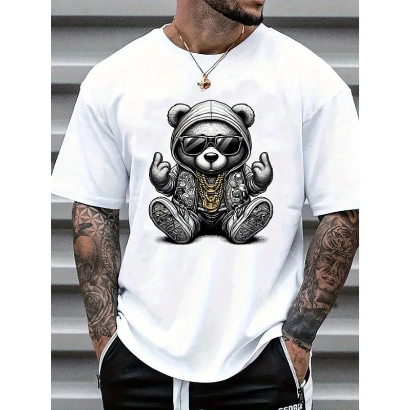 Camiseta de verano para hombre, informal, de cuello redondo, con estampado de oso de dibujos animados, de manga corta, moderna y cómoda.
