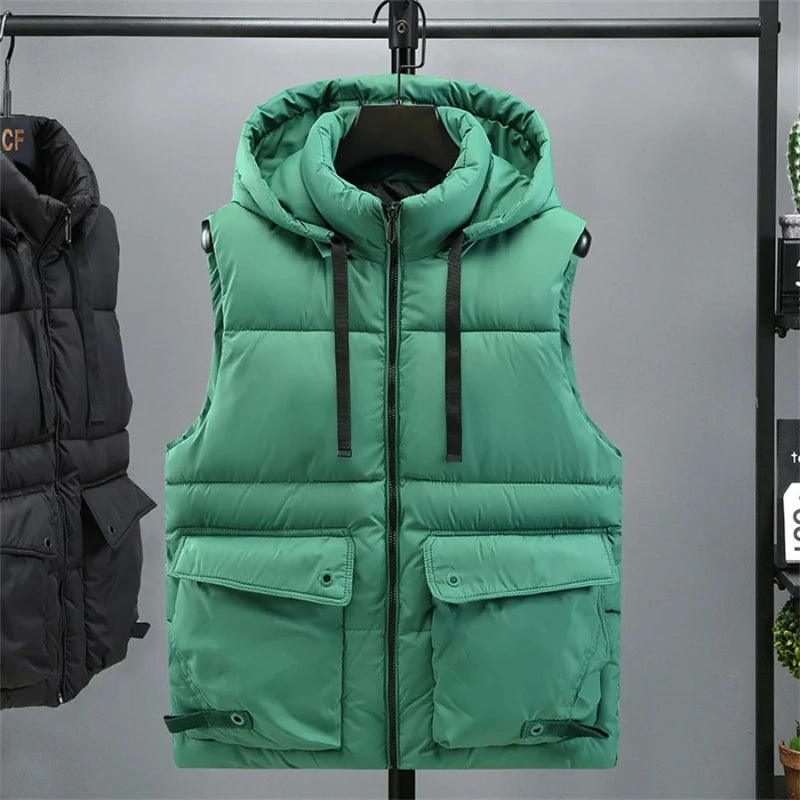 Chaleco con capucha para hombre, chaleco cálido con cuello levantado y cremallera para invierno, chaquetas sin mangas acolchadas de algodón con bolsillos grandes