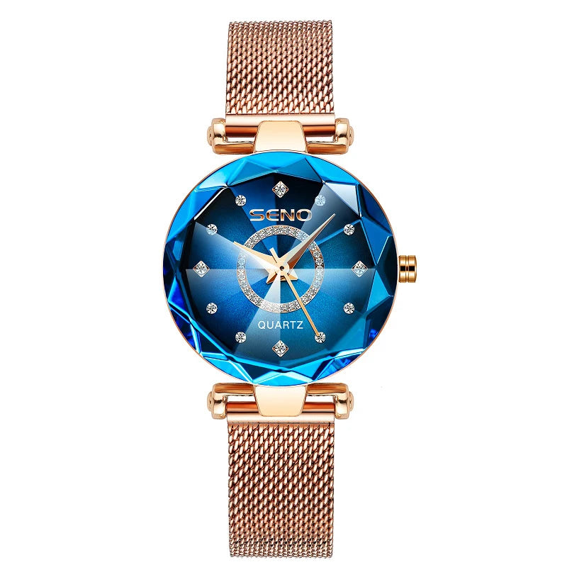 Reloj de cristal para mujer, marca superior de lujo, oro rosa, pulsera, femenino