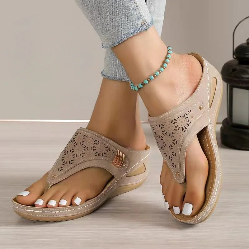 Sandalias ortopédicas de verano para mujer, de piel, antideslizantes, con plataforma suave, con cuña y tacón