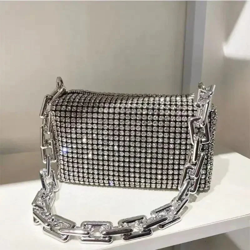 Bolso tipo cubo con diamantes de imitación, bolso de fiesta con cadena brillante, mini bolso cruzado para mujer