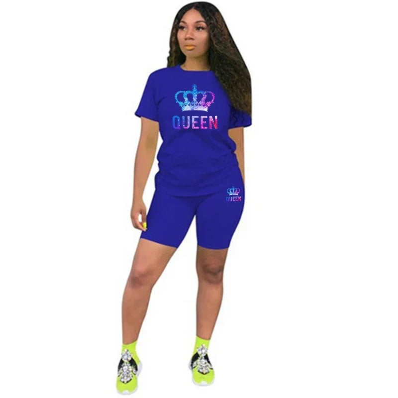 Conjunto deportivo de dos piezas con estampado Queen de colores para mujer, camiseta y pantalones cortos, estilo casual, para correr, de lujo, para viajes de verano.