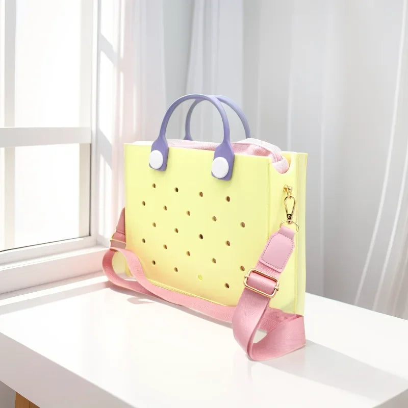 Bolso de mano morado con perforaciones para mujer, informal, impermeable, para viajes, con abalorios, para playa y exteriores.