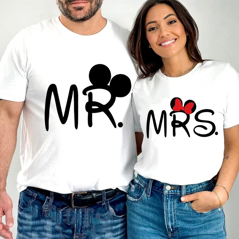 Camiseta de manga corta con estampado de ratón y dibujos animados de Mr. Mrs para parejas, camiseta de verano con estampado de letras, camiseta informal holgada para amantes, camiseta unisex