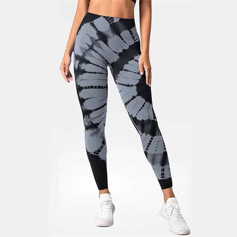 Mallas teñidas sin costuras para mujer, pantalones de punto ajustados, Fitness, Yoga, entrenamiento, correr, cintura alta elástica, levantamiento de cadera, medias deportivas de moda