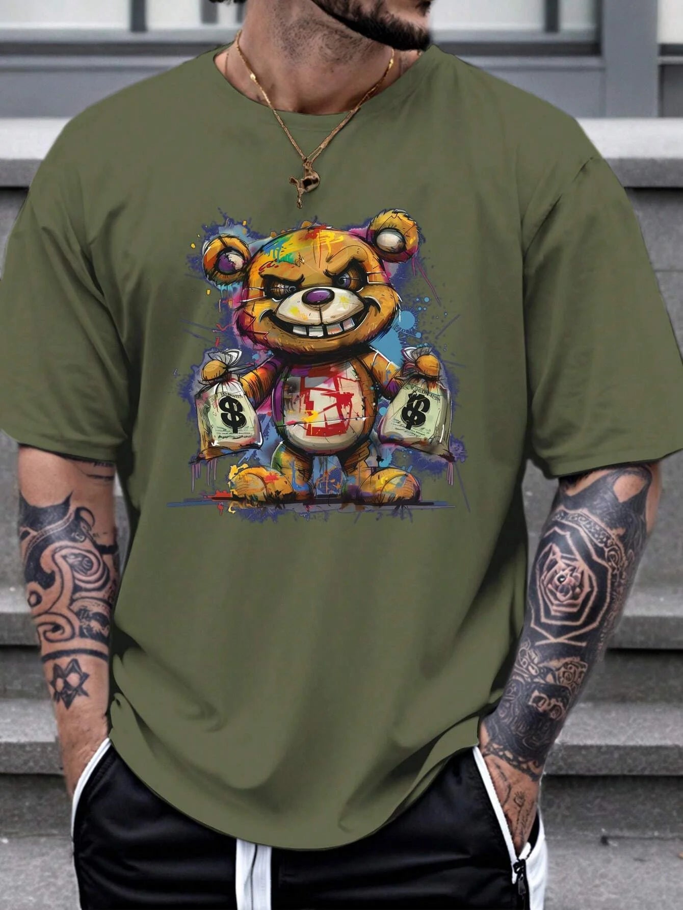 Camiseta deportiva informal de manga corta con cuello redondo y estampado para hombre