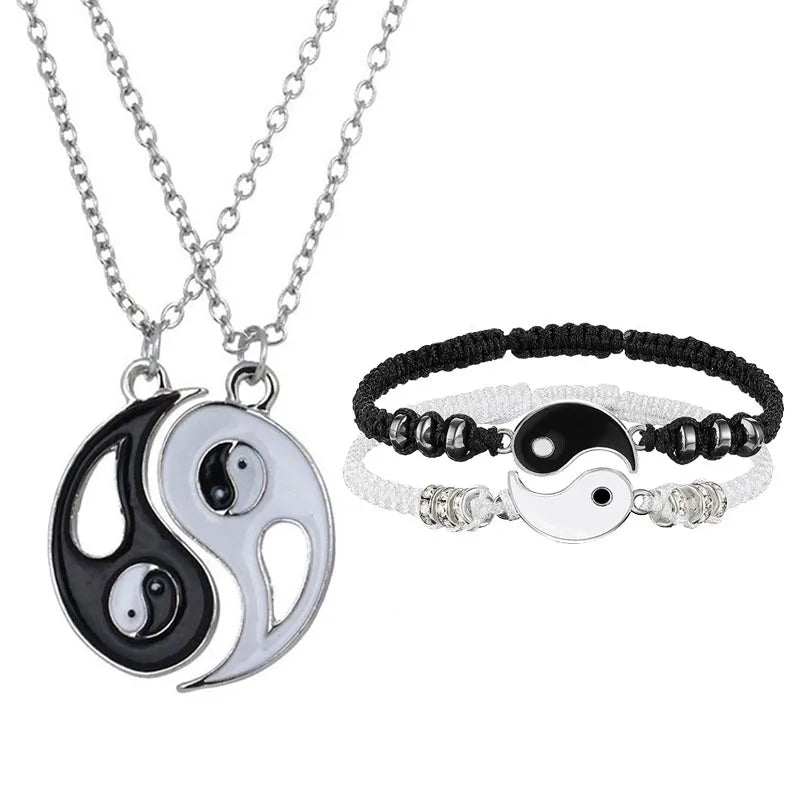 Juego de 2 o 4 pulseras y collares de Tai Chi Yin Yang para parejas, con colgante y cadena trenzada ajustable, a juego, para amantes, gargantilla.