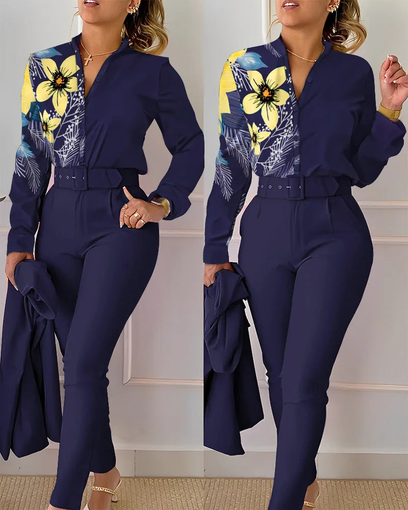 Conjunto de camisa y pantalones con estampado elegante para mujer, camisa de manga larga y pantalón de cintura alta, moda informal, primavera y otoño