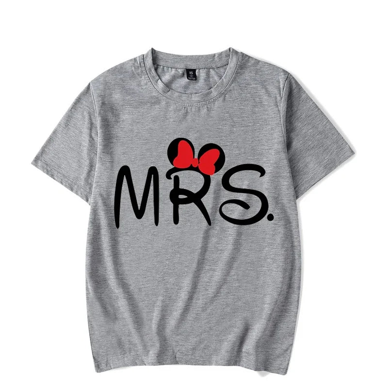 Camiseta de manga corta con estampado de ratón y dibujos animados de Mr. Mrs para parejas, camiseta de verano con estampado de letras, camiseta informal holgada para amantes, camiseta unisex