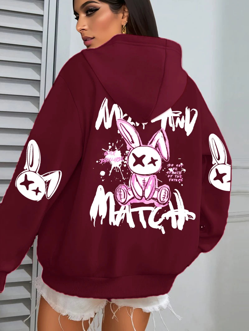 Sudadera con capucha con estampado de conejo de dibujos animados para mujer, ropa informal con bolsillo, Sudadera holgada , ropa femenina de lana que combina con todo