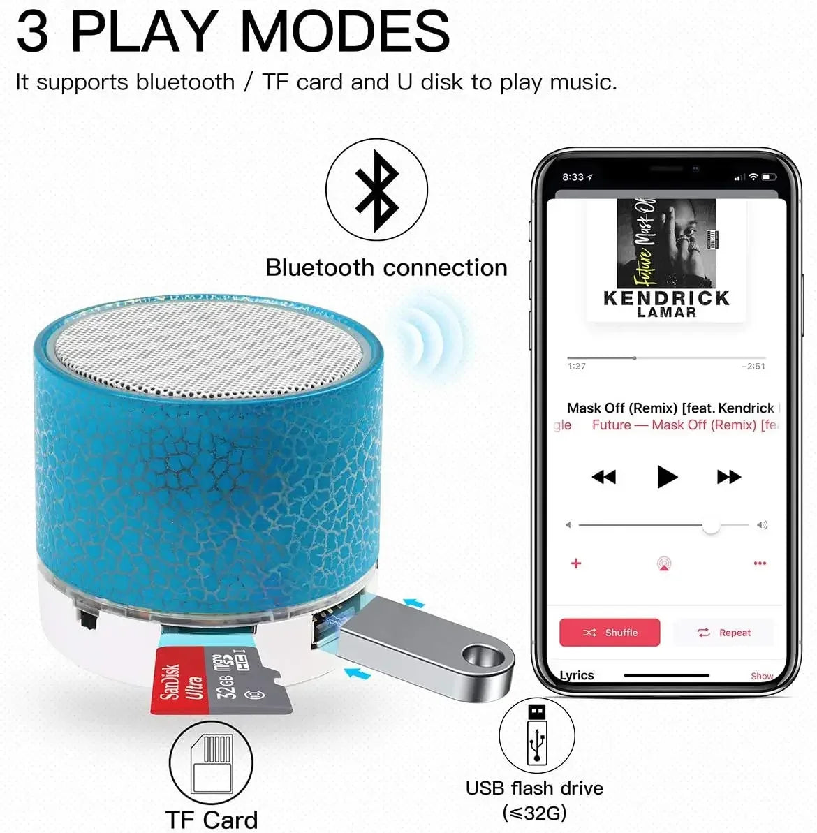 Altavoz inalámbrico mini con Bluetooth, altavoz portátil con subwoofer enchufable, sonido y luz LED, regalo, novedad de 2024