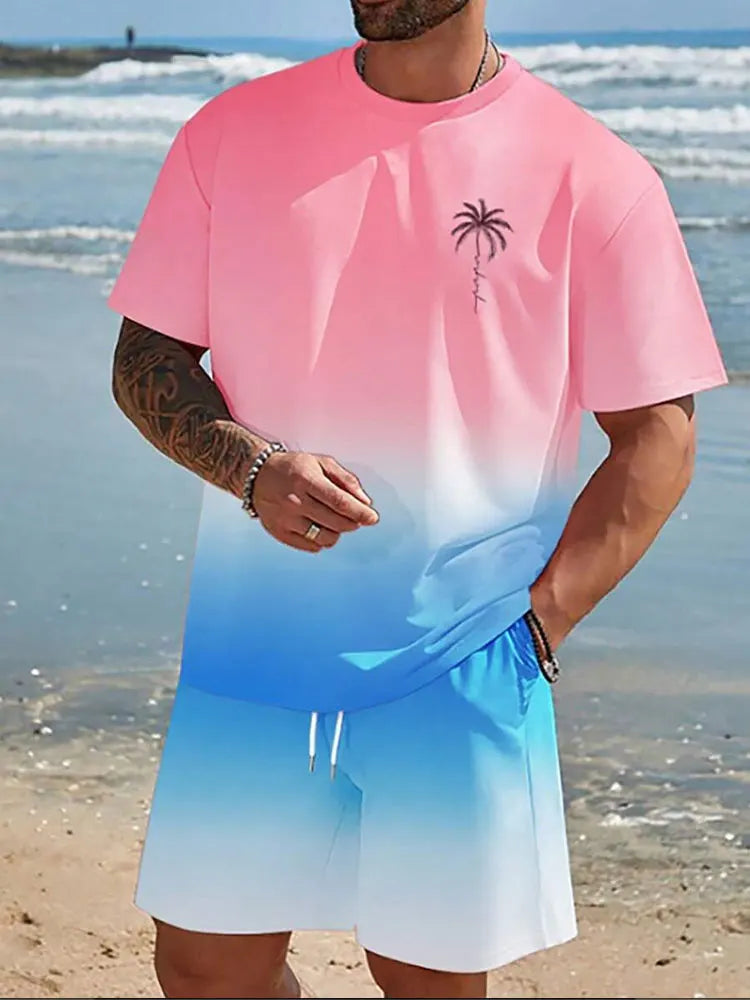 Conjunto de 2 piezas de verano vibrante para hombre, camiseta elegante e informal para hombre, pantalones cortos de playa para exteriores, estampado , cuello redondo y mangas cortas.