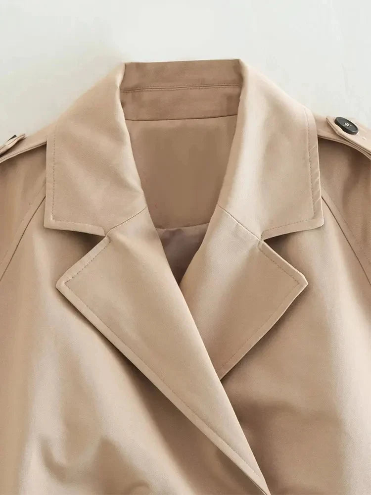 Gabardina recortada con cinturón para mujer, chaqueta de primavera, ropa de calle Vintage, Top de manga larga con doble botonadura, trajes de abrigo para mujer