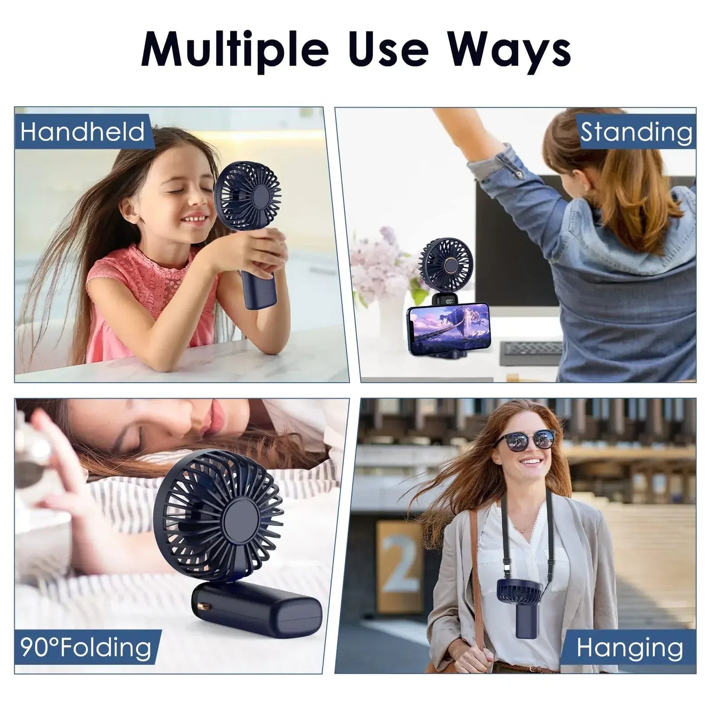 Mini ventilador de mano de 5000 mAh, inalámbrico, recargable por USB, portátil, con pantalla digital, soporte para teléfono, ventilador plegable de 5 velocidades para colgar en el cuello