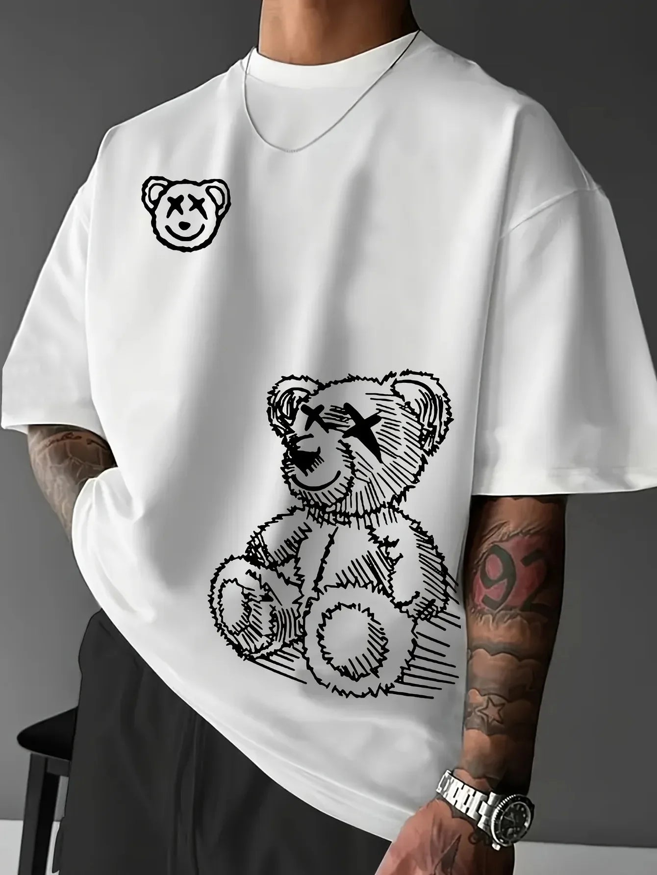 Camiseta de verano para hombre, 100 % algodón, informal, holgada, de calle, con estampado de oso de dibujos animados, cuello redondo y manga corta