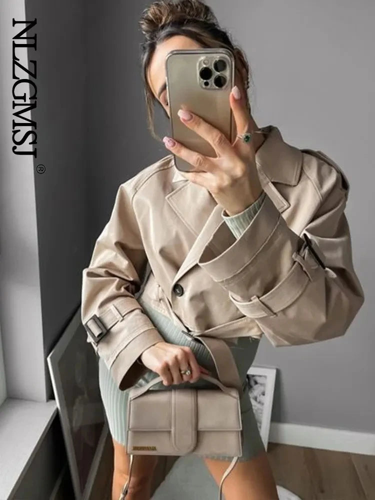 Gabardina recortada con cinturón para mujer, chaqueta de primavera, ropa de calle Vintage, Top de manga larga con doble botonadura, trajes de abrigo para mujer