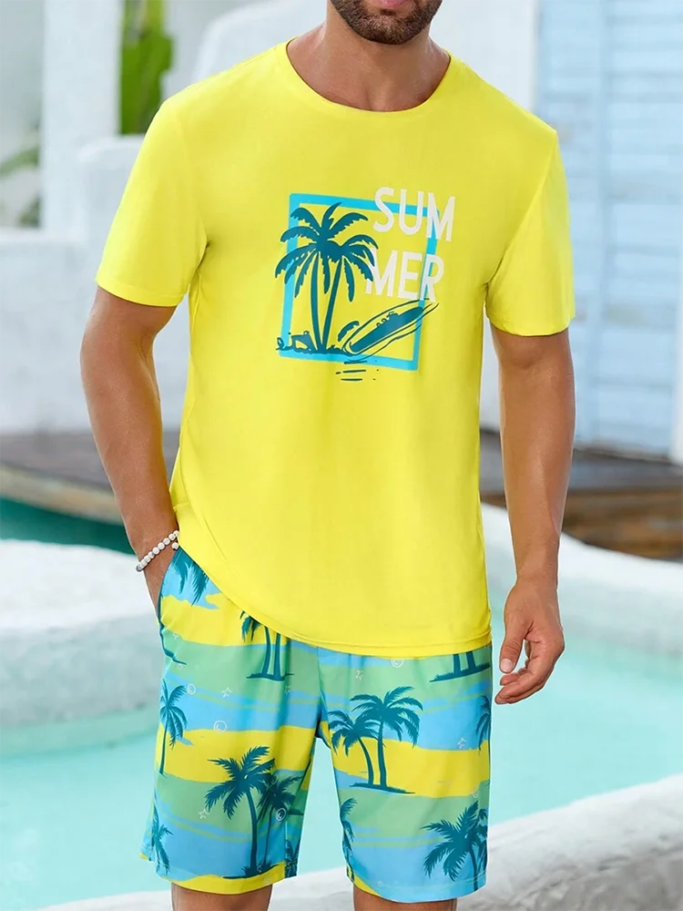 Conjunto de 2 piezas de verano vibrante para hombre, camiseta elegante e informal para hombre, pantalones cortos de playa para exteriores, estampado , cuello redondo y mangas cortas.
