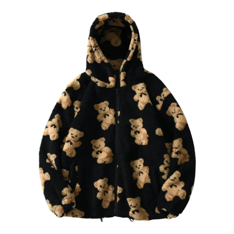 Chaqueta de felpa con estampado en forma de corazón Harajuku para mujer, abrigo coreano de manga larga con capucha, ropa de calle gruesa y cálida para parejas, invierno