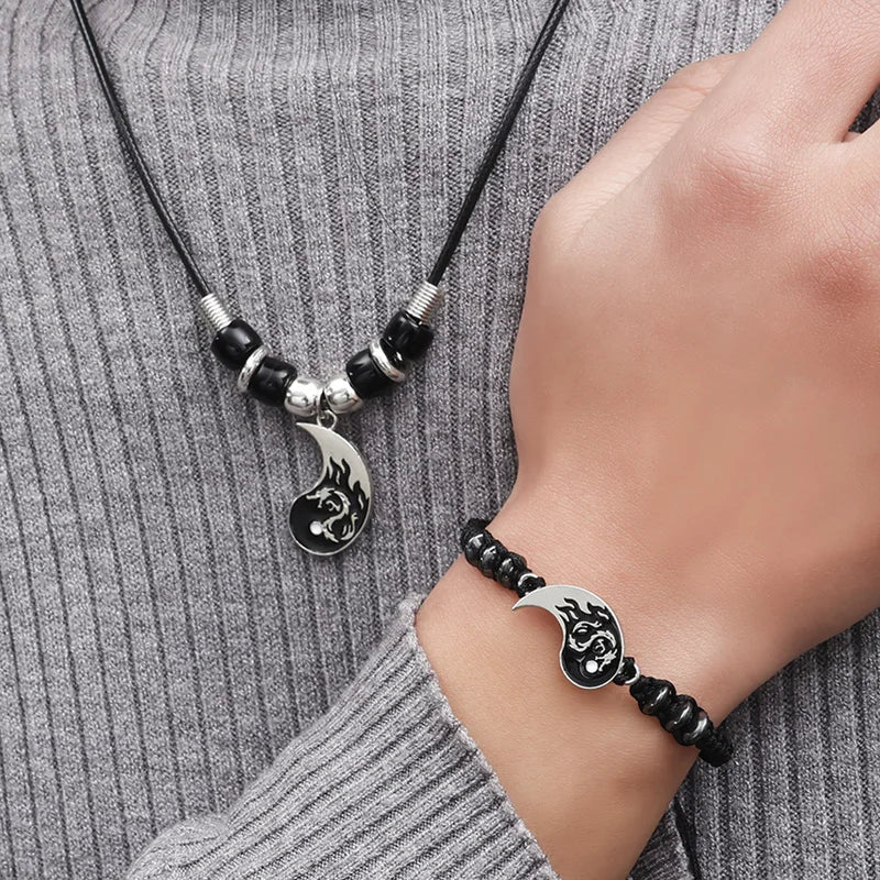 Juego de 2 o 4 pulseras y collares de Tai Chi Yin Yang para parejas, con colgante y cadena trenzada ajustable, a juego, para amantes, gargantilla.
