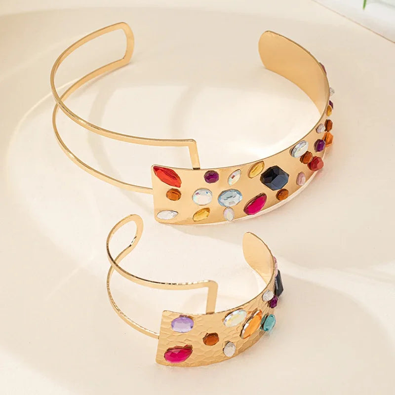 Conjunto de joyería con collar y pulsera geométrica hecha a mano con cristales de color dorado y gran apertura de moda para mujer