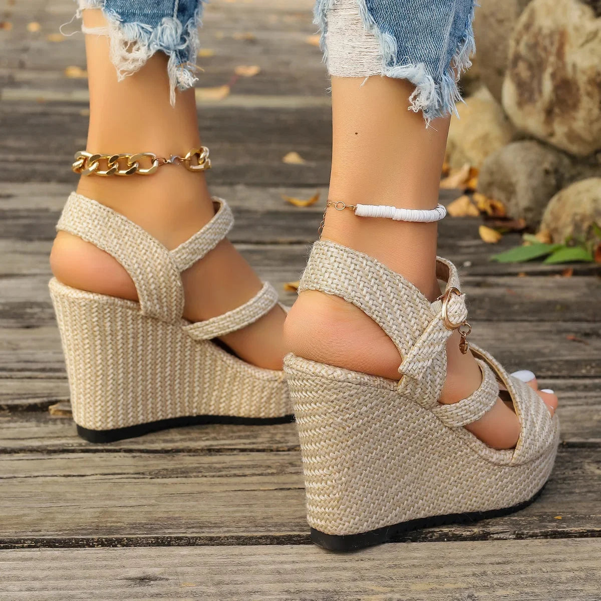 Sandalias romanas de algodón vaquero con tiras cruzadas para mujer, estilo verano, con suela gruesa y suela de goma,