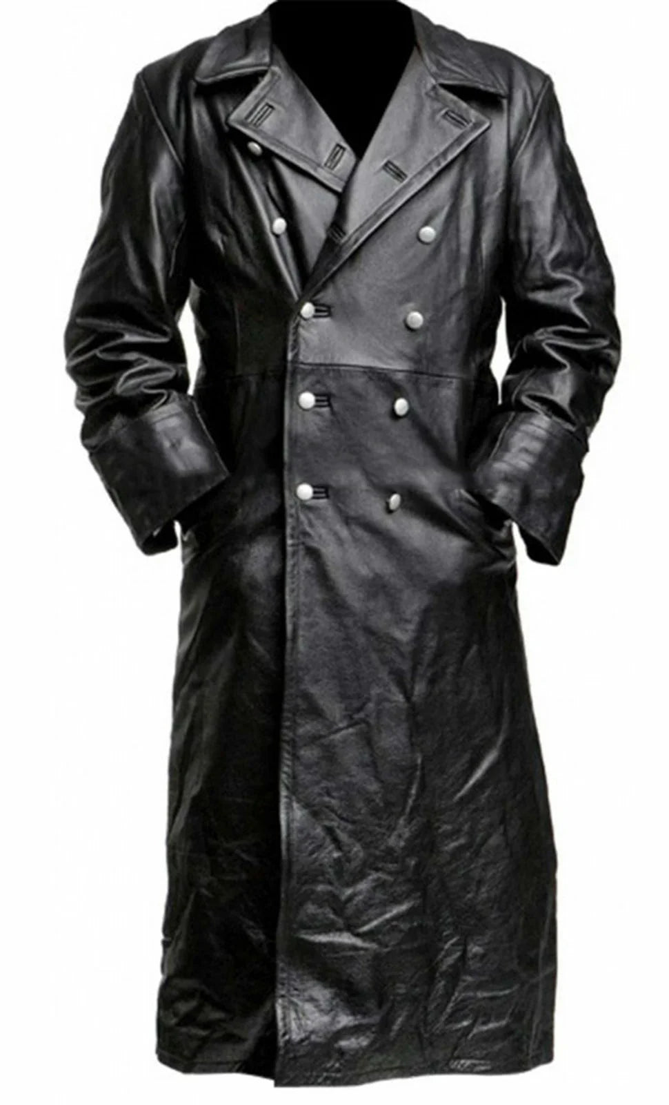 Abrigo de gabardina de cuero negro de oficial de uniforme militar clásico