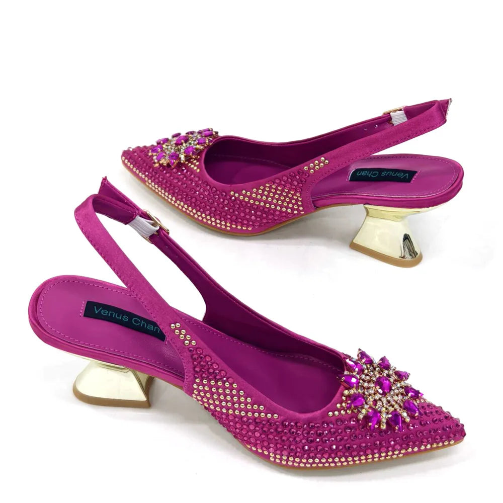 zapatos italianos para mujer y bolso, conjunto de Color fucsia, tacones altos cómodos con diamantes de imitación