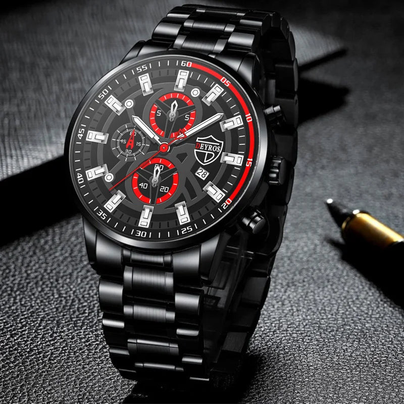 Juego de relojes para hombre, de acero inoxidable, de cuarzo, de lujo, para negocios y ocio.