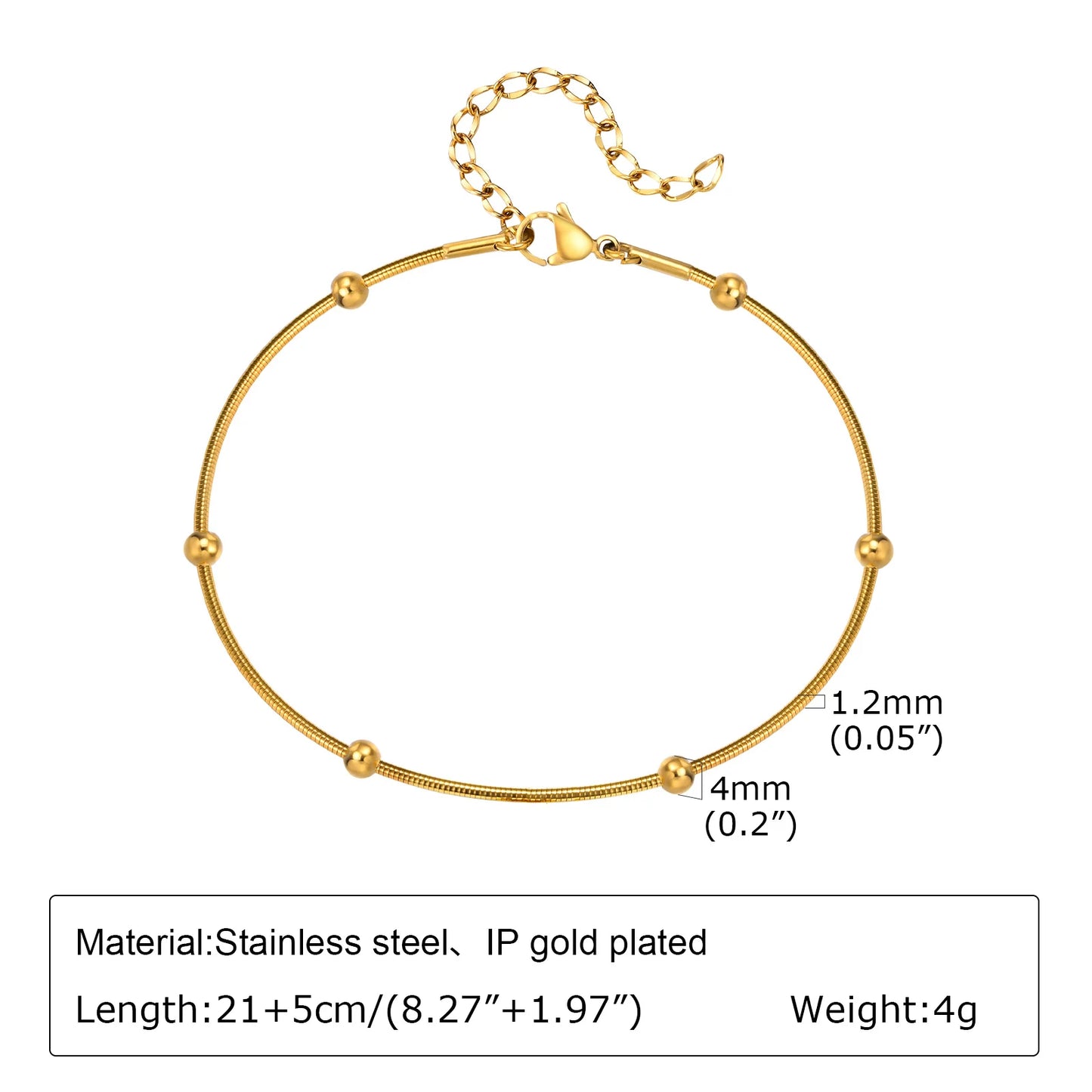 Pulsera de tobillo con perlas de acero inoxidable para mujer, cadena ajustable para el pie chapada en oro de 18 quilates, pulseras apilables para la pierna.