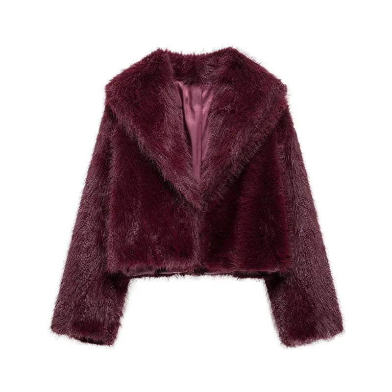 Chaqueta de piel sintética cálida retro para mujer, solapa gruesa, manga larga, botones ocultos, informal, elegante, para ir al trabajo, abrigo holgado, suave y esponjoso, para otoño e invierno, nuevo y elegante