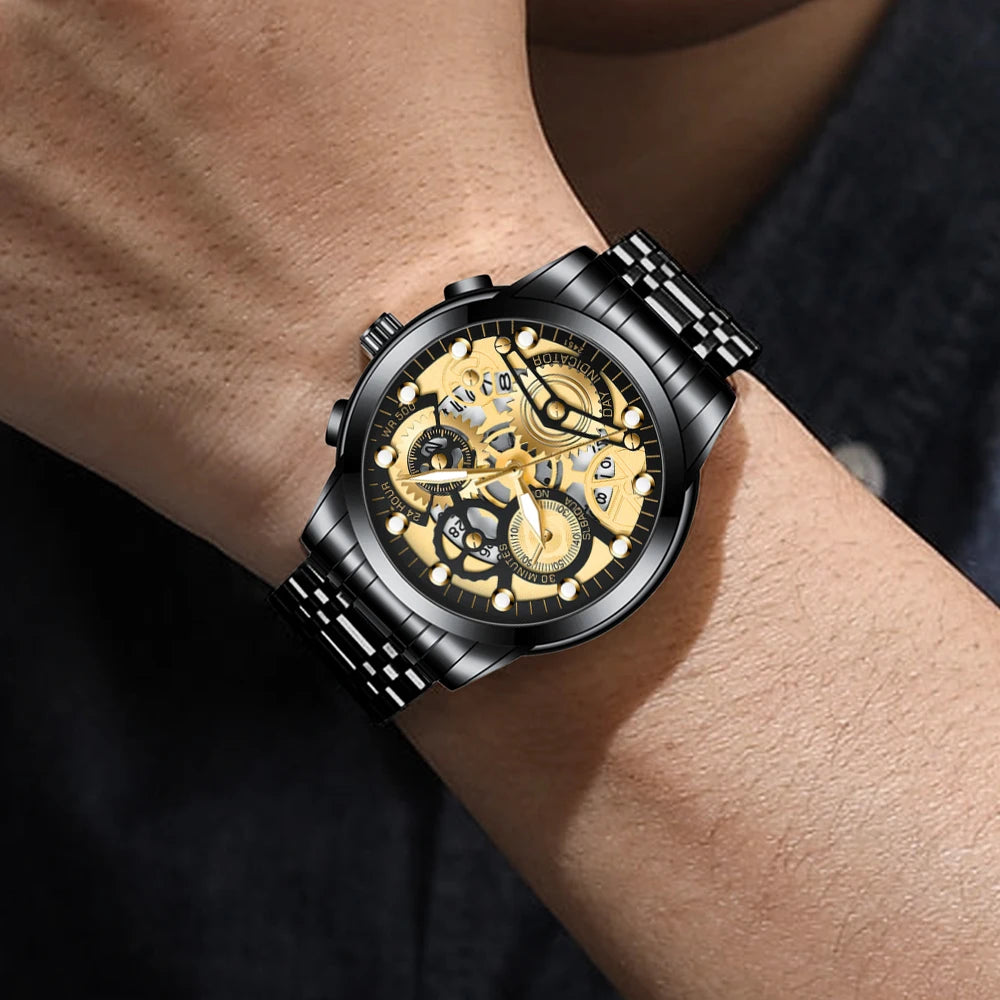 Reloj de negocios para hombre, diseño de esqueleto, estilo mecánico de moda, acero inoxidable, movimiento de cuarzo, calendario, reloj de pulsera impermeable para hombre.