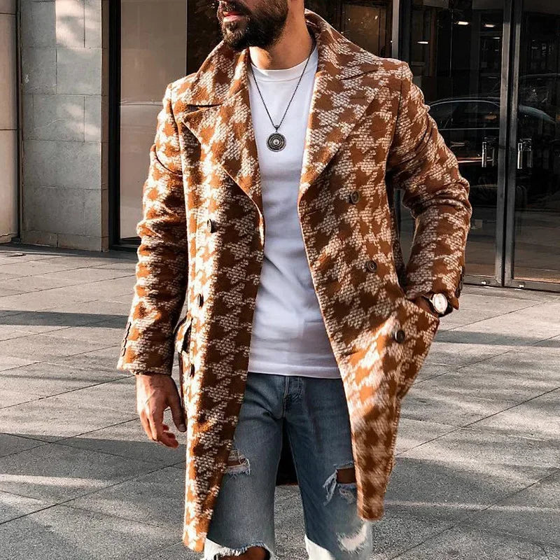Abrigo con cuello de traje de longitud media para hombre, chaqueta de invierno con estampado transfronterizo