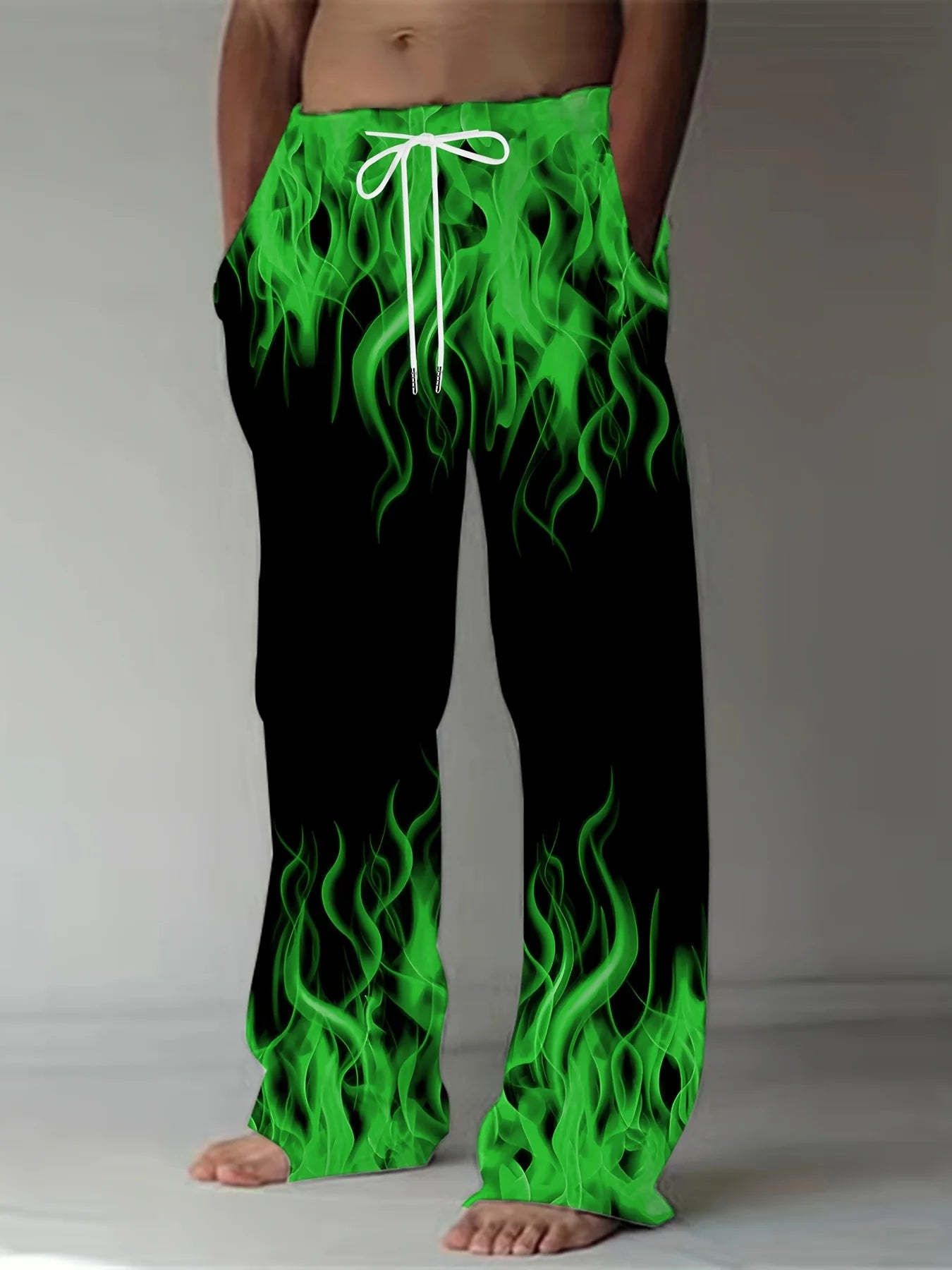Pantalones de moda de verano para hombre, pantalones de pierna recta con estampado de llamas Retro informales, pantalones holgados con cordón como regalo