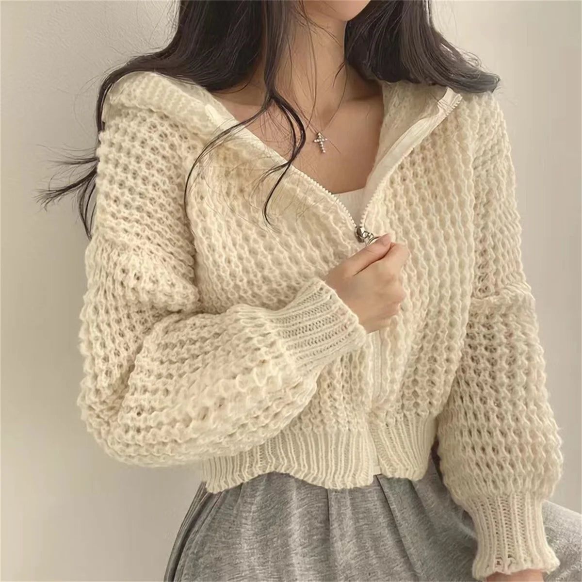 Suéter de punto coreano para mujer, abrigo de moda de otoño e invierno, Sudadera con capucha lisa, cárdigan con cremallera, chaqueta informal de estilo perezoso de calle para mujer