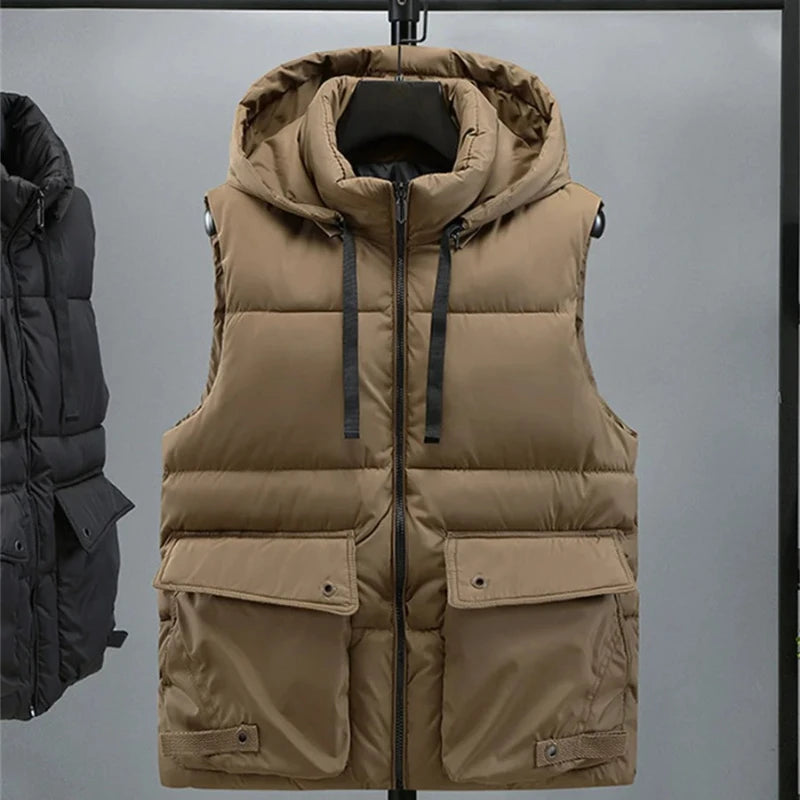 Chaleco con capucha para hombre, chaleco cálido con cuello levantado y cremallera para invierno, chaquetas sin mangas acolchadas de algodón con bolsillos grandes