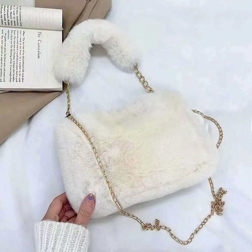 Bolso de hombro mullido para mujer, bolso de invierno con cadena para debajo del brazo, bolso de mano de color liso, bolso con asa de felpa suave.