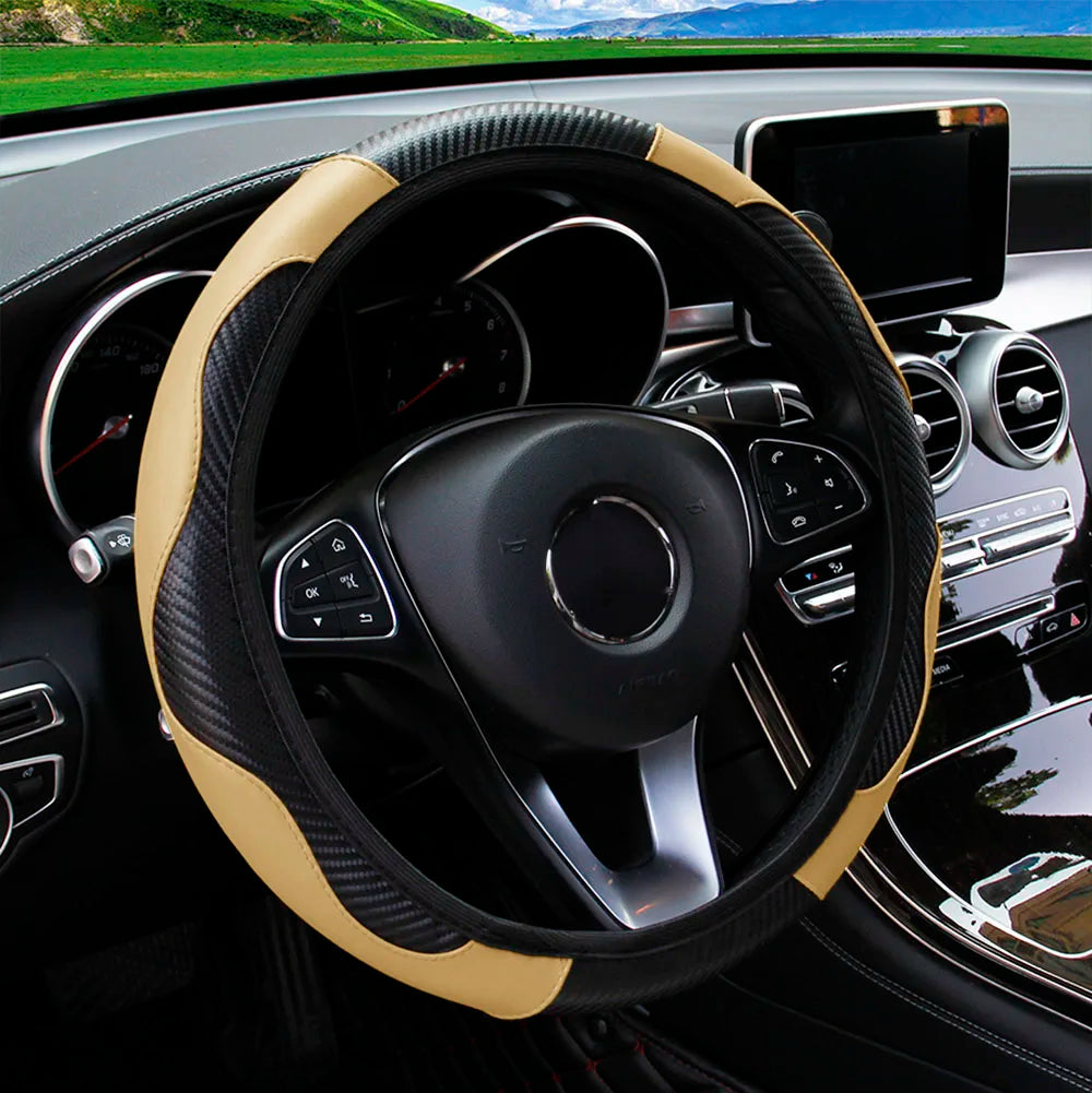 Funda para volante de coche de cuero de fibra de carbono PU sin anillo interior, apta para accesorios de automoción de 14,5 a 15 pulgadas