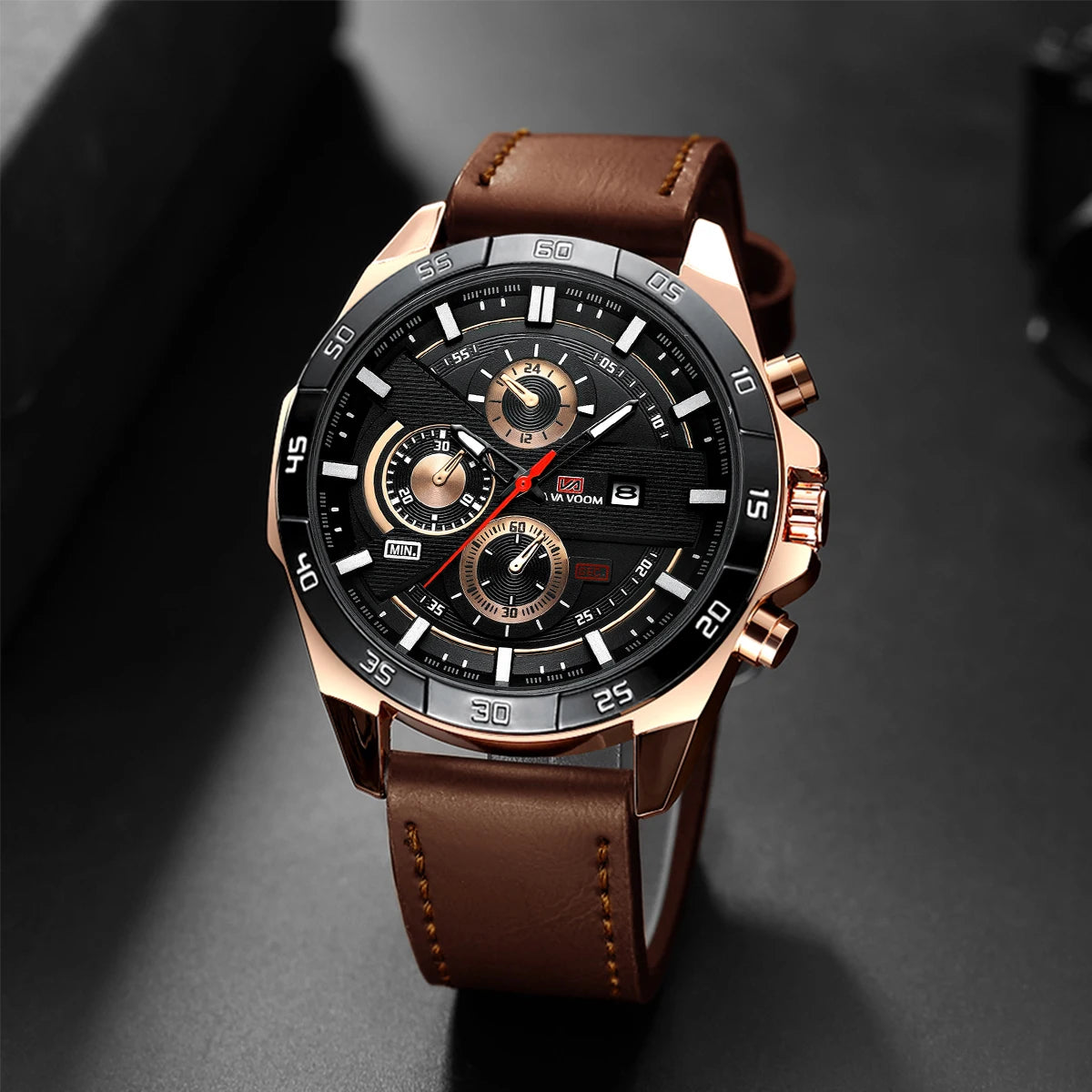 Reloj deportivo para hombre, de cuero, estilo de carreras, informal, de moda, original, negro, oro rosa, calendario, reloj de cuarzo.