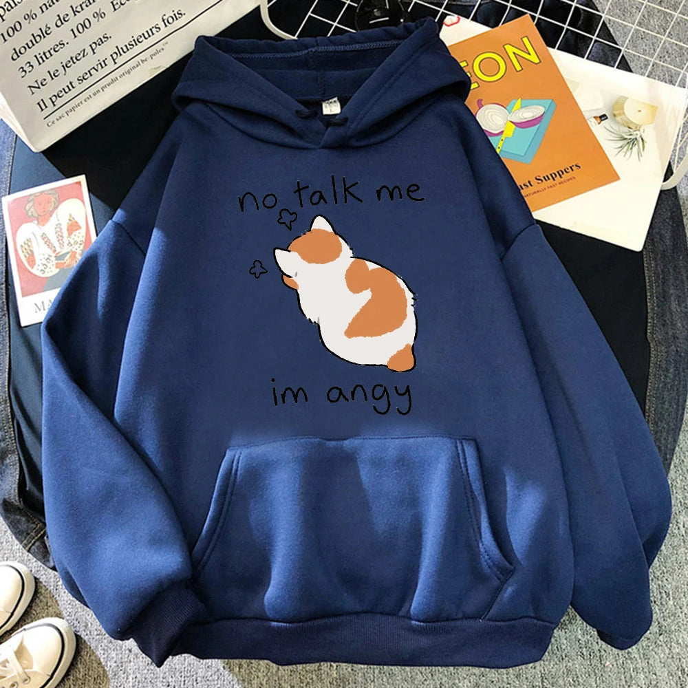Sudadera con capucha con estampado de gato enojado para mujer, sudaderas suaves, jerséis de lana informales, ropa de calle de lana de gran tamaño para mujer