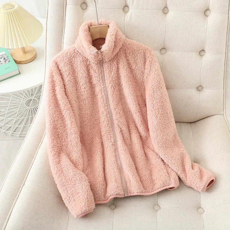Abrigo de lana para mujer, chaqueta gruesa cálida de invierno, ropa de dos caras, abrigos de lana Coral de terciopelo de doble cara, chaquetas de lana Polar