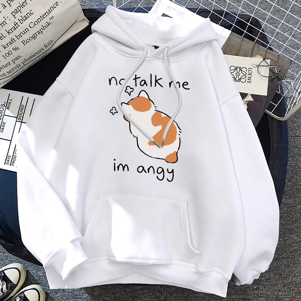 Sudadera con capucha con estampado de gato enojado para mujer, sudaderas suaves, jerséis de lana informales, ropa de calle de lana de gran tamaño para mujer