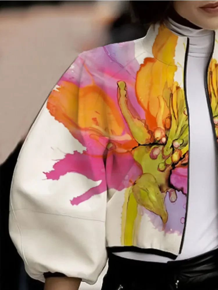 Chaqueta con estampado Floral para mujer, abrigo holgado de media manga con cremallera y cuello alto, otoño