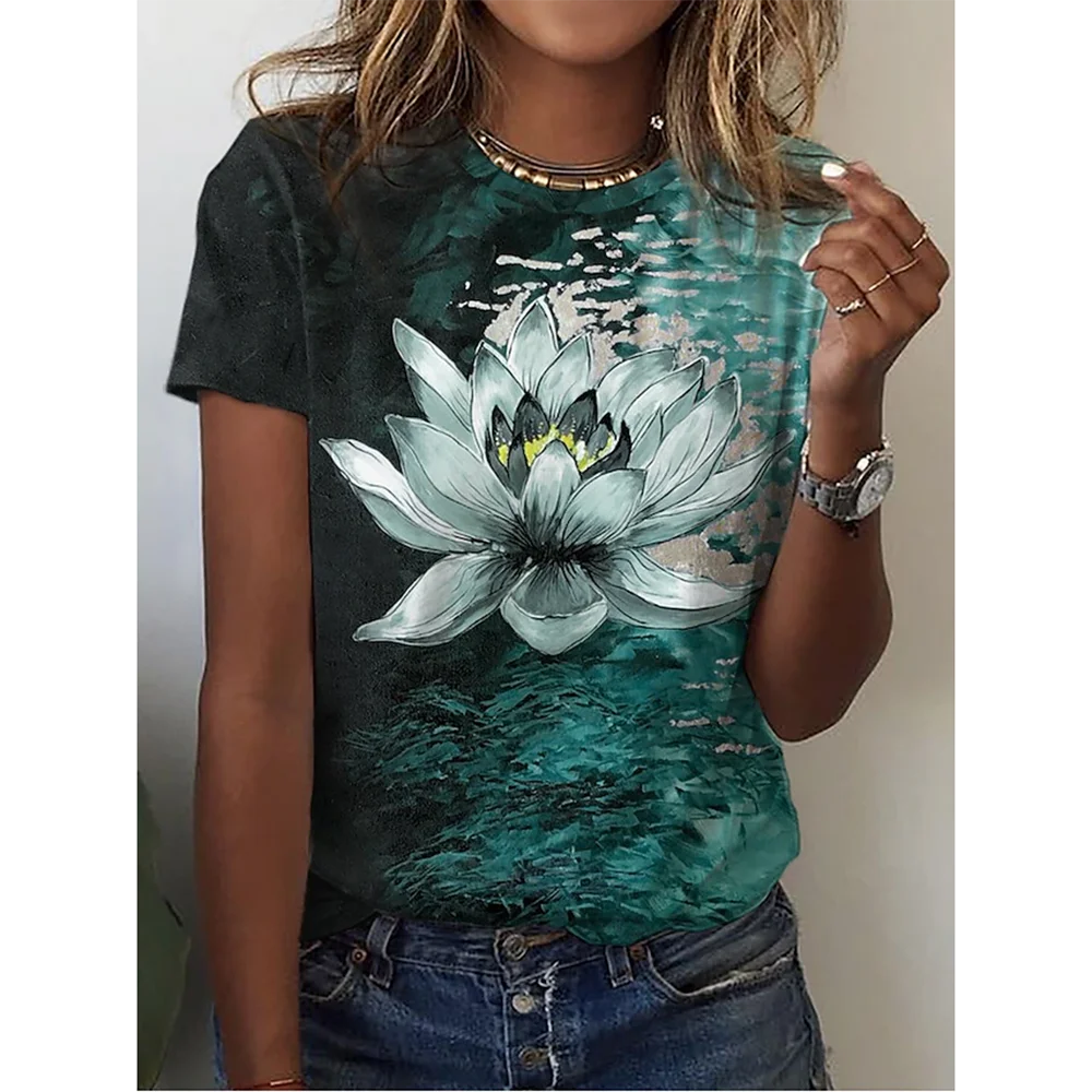 Camiseta con estampado y cuello redondo para mujer, camisetas de manga corta de verano a la moda