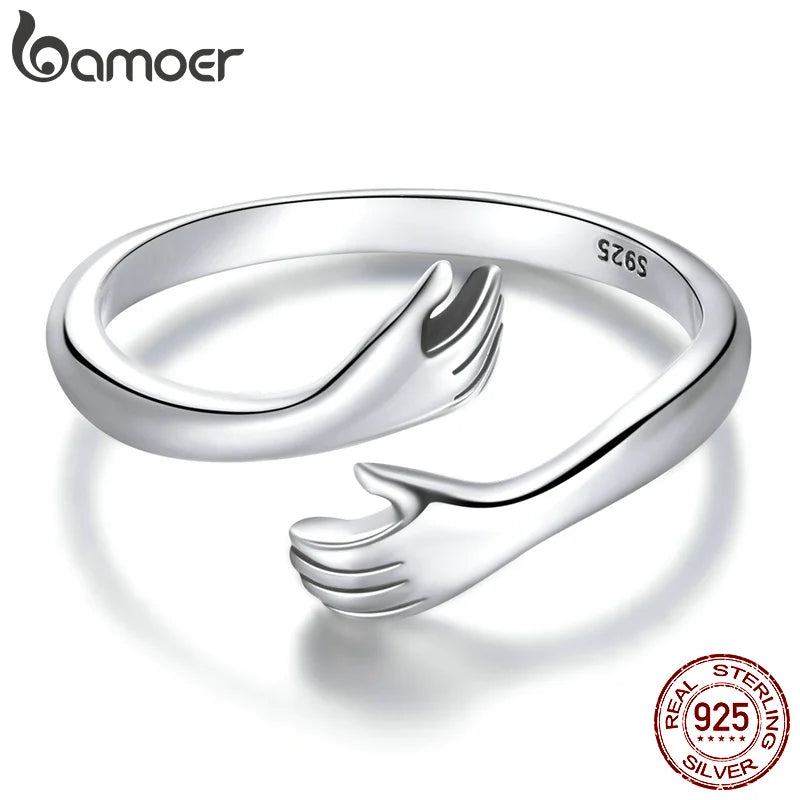 BAMOER Anillo ajustable de plata de ley 925 con abrazos cálidos y amorosos para mujer, joyería de fiesta, anillo His Big Amorous Hugs en 3 colores