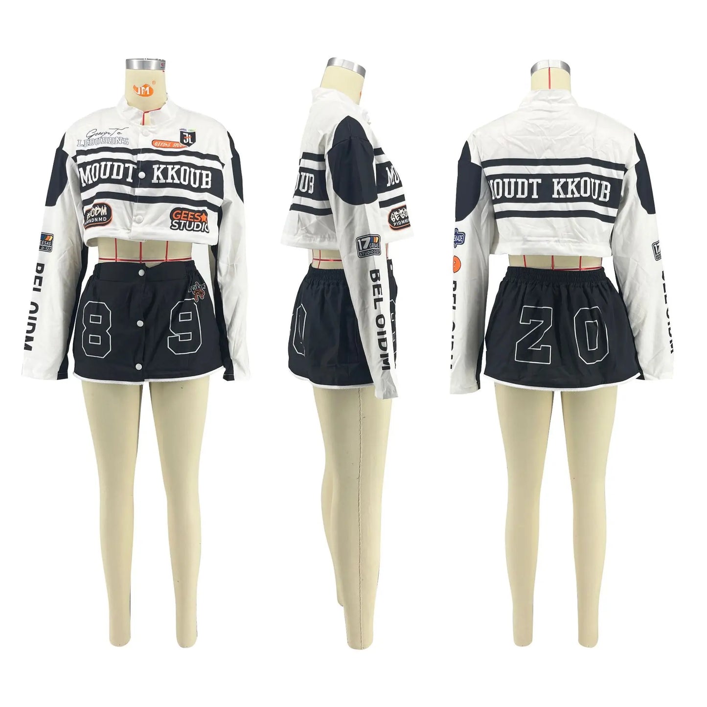 Ensemble veste de baseball universitaire, haut court et jupe deux pièces