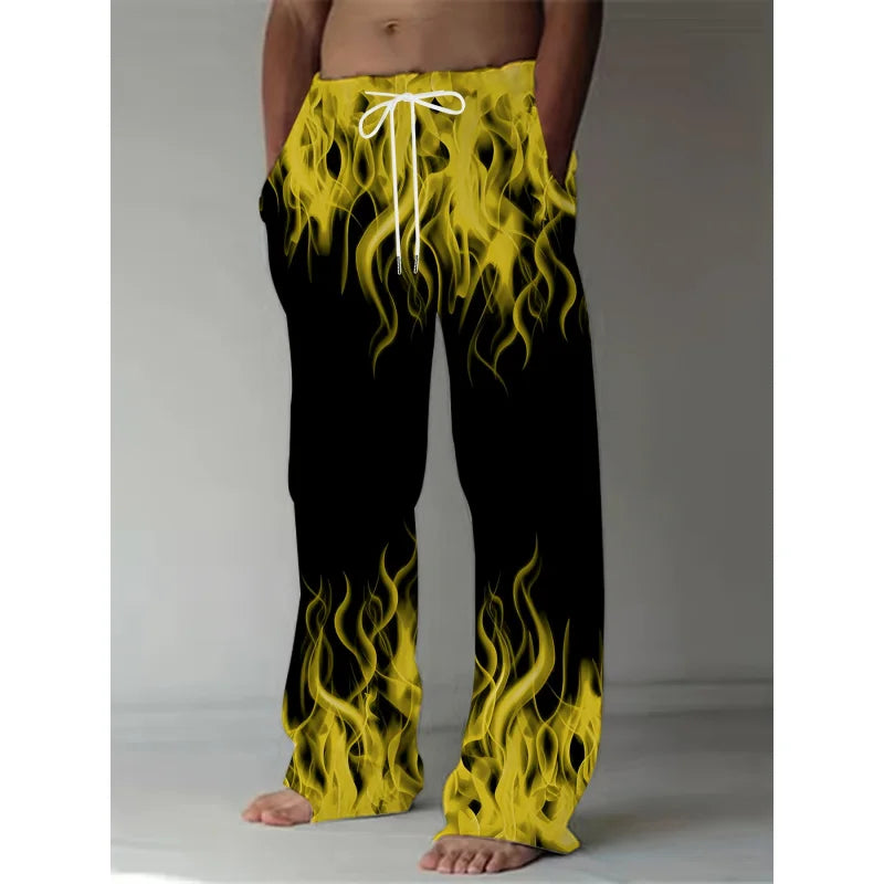 Pantalones de moda de verano para hombre, pantalones de pierna recta con estampado de llamas Retro informales, pantalones holgados con cordón como regalo