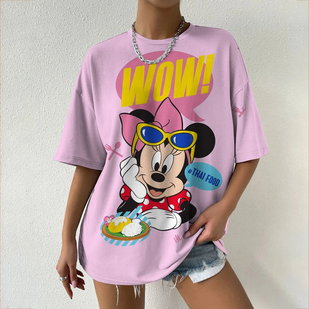 Camiseta de verano de manga corta para mujer, con estampado de cuello redondo